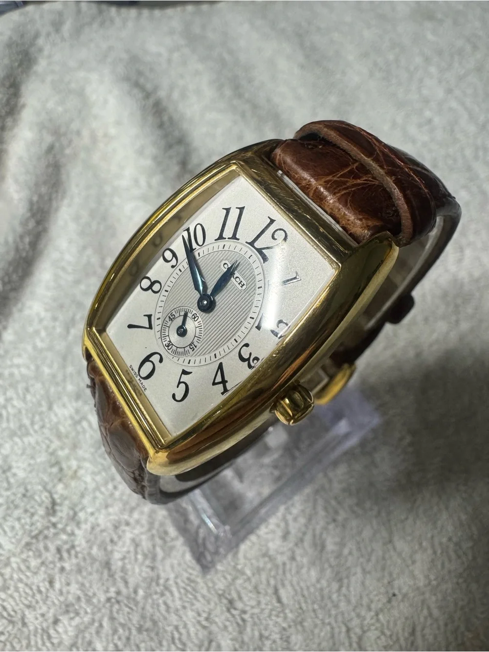 Coach Gold-Tone Tonneau Watch with Brown Leather Strap and Silver Dial